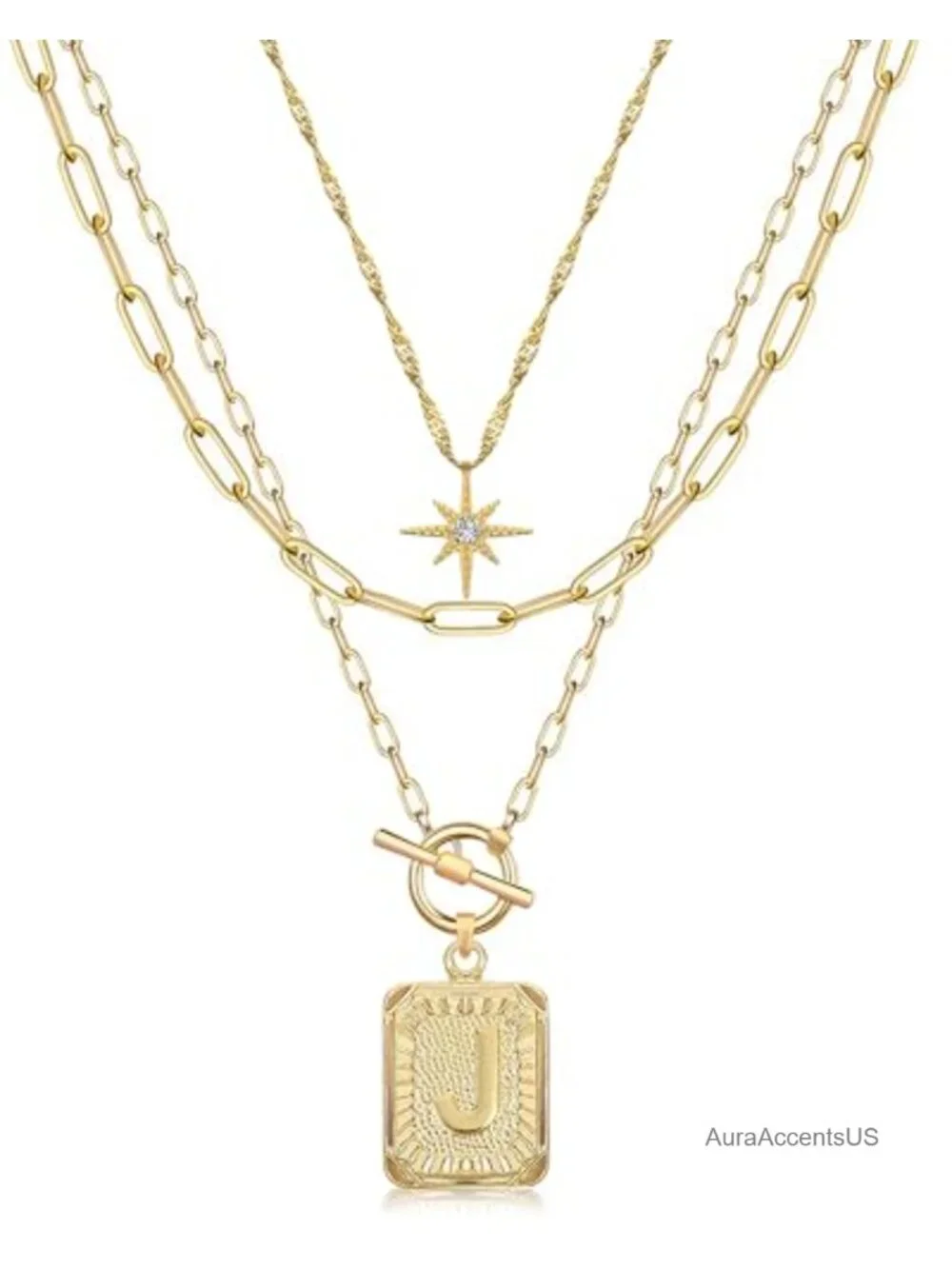 Layered Initial Necklace for Women Paperclip Chain 14k White Gold Plated 3